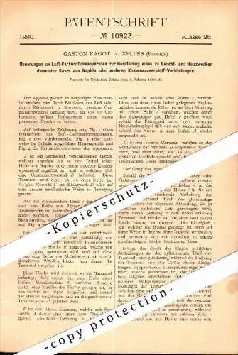 Original Patent - Gaston Ragot in Ixelles - Bruxelles , 1880 , Leuchtstoff aus Naphta , Beleuchtung !!!