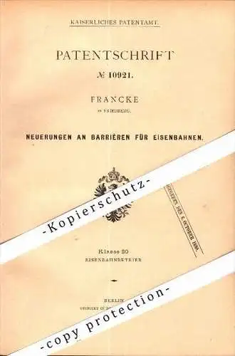 Original Patent - Francke in Friedberg , 1879 , Barriere für Eisenbahn !!!