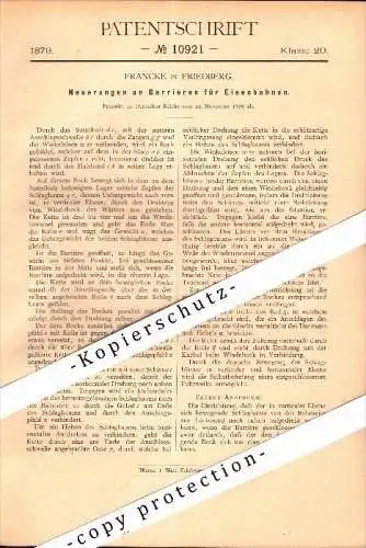 Original Patent - Francke in Friedberg , 1879 , Barriere für Eisenbahn !!!