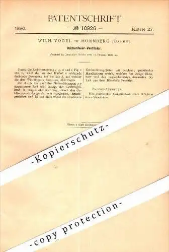 Original Patent - Wilhelm Vogel in Hornberg , Baden , 1880 , Küchenfeuer - Ventilator , Ortenaukreis !!!