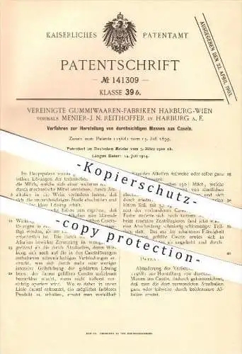 original Patent - Vereinigte Gummiwaren-Fabriken Harburg - Wien , Menier-J. N.Reithoffer , 1902 , Massen aus Casein !!!