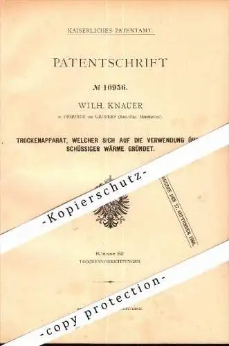 Original Patent - Wilhelm Knauer in Osmünde b. Gröbers , 1880 , Trockenapparat für Zuckerfabrik !!!