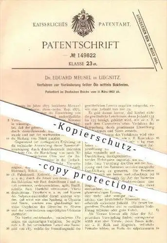 original Patent - Dr. Eduard Meusel in Liegnitz / Legnica ,1903, Veränderung fetter Öle mittels Bakterien , Öl , Zucker