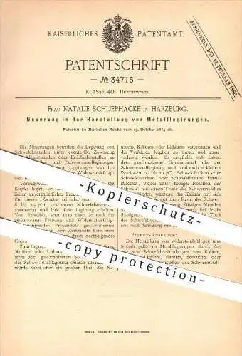 original Patent - Natalie Schliephacke in Harzburg , 1884 , Herstellung von Metalllegierung , Metall , Metall , Schwefel