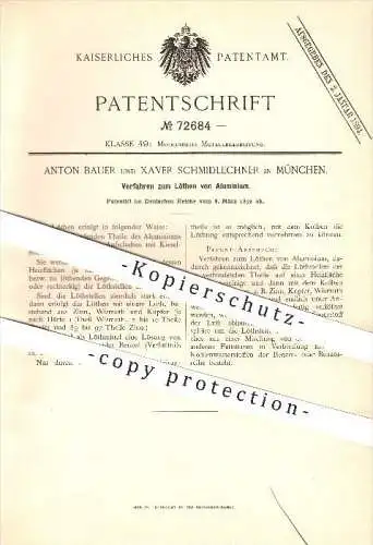 original Patent - Anton Bauer u. Xaver Schmidlechner in München , 1892 , Löten von Aluminium , Alu , Zinn , Kupfer !!!