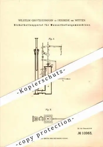 Original Patent - Wilhelm Grotehusmann in Herbede b. Witten , 1880 , Wasserhaltungsmaschine !!!