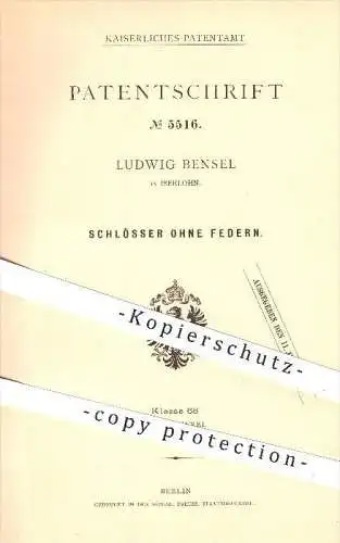 original Patent - Ludwig Bensel in Iserlohn , 1878 , Schlösser ohne Federn , Schloss , Türschloss , Tür , Riegel !!