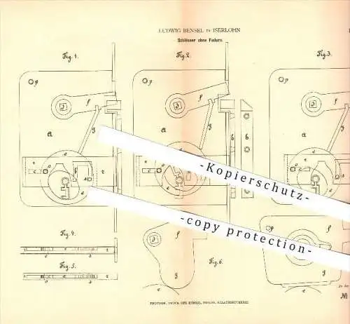 original Patent - Ludwig Bensel in Iserlohn , 1878 , Schlösser ohne Federn , Schloss , Türschloss , Tür , Riegel !!