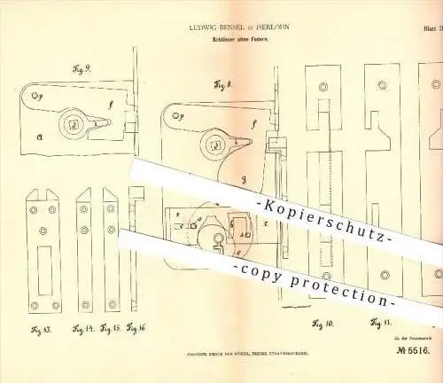 original Patent - Ludwig Bensel in Iserlohn , 1878 , Schlösser ohne Federn , Schloss , Türschloss , Tür , Riegel !!