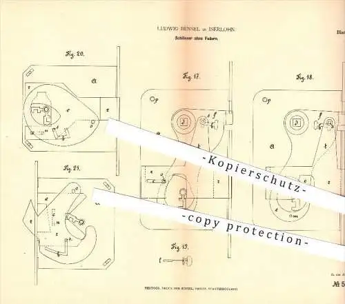 original Patent - Ludwig Bensel in Iserlohn , 1878 , Schlösser ohne Federn , Schloss , Türschloss , Tür , Riegel !!