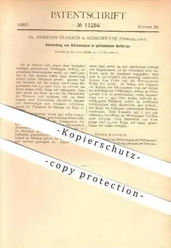 original Patent - Dr. Hermann Ülsmann in Königshütte , Oberschlesien , 1880 , Siliciumeisen in galvanischen Batterien !!