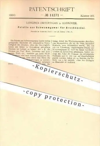 original Patent - Longinus Drolshagen in Hannover , 1880 , Pelotte aus Schwammgummi für Bruchbänder , Gesundheit !!!