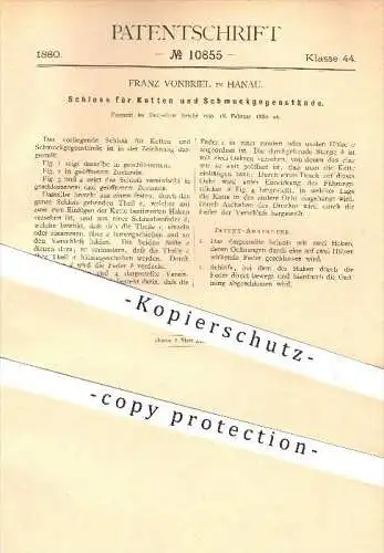 original Patent - Franz Vonbriel in Hanau , 1880 , Schloss für Ketten und Schmuck , Juwelier , Kette , Halsketten !!