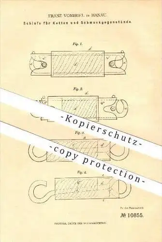 original Patent - Franz Vonbriel in Hanau , 1880 , Schloss für Ketten und Schmuck , Juwelier , Kette , Halsketten !!