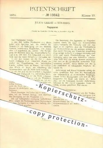 original Patent - Julius Griese in Kolberg , 1879 , Flupapparat , Fliegen , Flieger , Sportfliegen , Windräder , Sport !