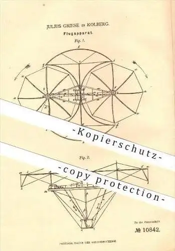 original Patent - Julius Griese in Kolberg , 1879 , Flupapparat , Fliegen , Flieger , Sportfliegen , Windräder , Sport !