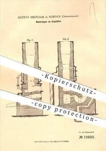 original Patent - Gustav Ibrügger in Norden , Ostfriesland , 1880 , Kupolofen , Ofen , Öfen , Ofenbauer , Gusseisen !!!