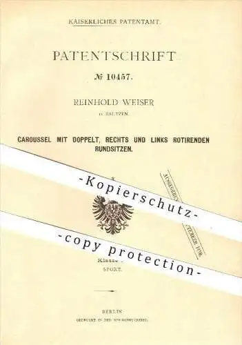 original Patent - Reinhold Weiser in Bautzen , 1880 , Karussell mit rotierenden Rundsitzen , Jahrmarkt , Rummel !!!