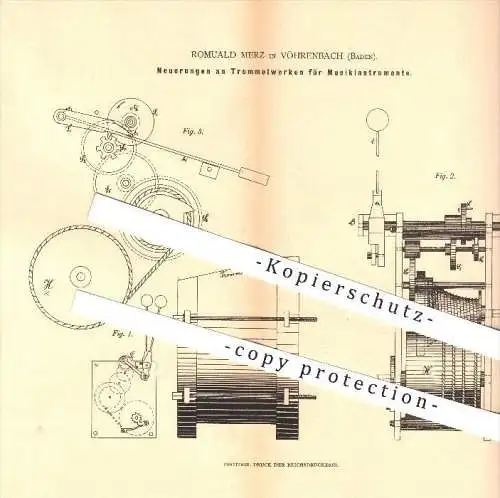 original Patent - Romuald Merz in Vöhrenbach , 1880 , Trommelwerke für Musikinstrumente , Musik , Trommel !!!