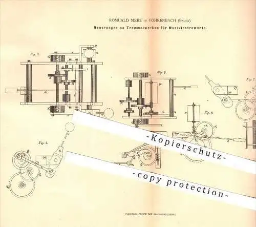 original Patent - Romuald Merz in Vöhrenbach , 1880 , Trommelwerke für Musikinstrumente , Musik , Trommel !!!