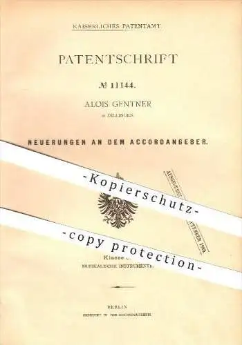 original Patent - Alois Gentner in Dillingen , 1880 , Akkordangeber , Akkorde , Musik , Tonleiter , Musikinstrumente !!!