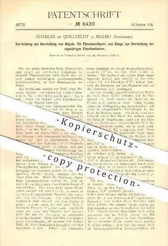 original Patent - Charles de Quillefeldt , Malmö , Schweden , 1878, Bügel u. Zange für Flaschenhals , Flasche , Flaschen