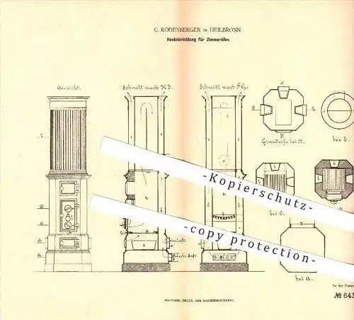 original Patent - C. Rödenberger in Heilbronn , 1878 , Rosteinrichtung für Zimmeröfen , Rost , Ofenbauer , Ofen , Öfen !