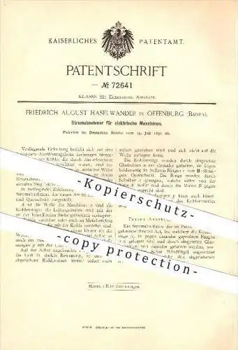 original Patent - Friedrich August Haselwander in Offenburg , 1891 , Stromabnehmer für elektrische Maschinen , Strom !!!