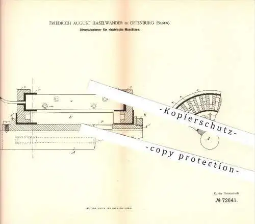 original Patent - Friedrich August Haselwander in Offenburg , 1891 , Stromabnehmer für elektrische Maschinen , Strom !!!