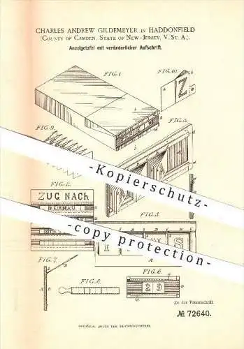 original Patent - Charles A. Gildemeyer , Haddonfiled , County of Camden , New Jersey , USA , 1893 , Anzeigetafel    !!!