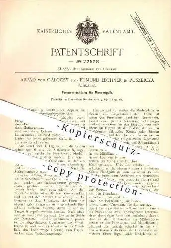 original Patent - Árpád von Gálocsy & Edmund Lechner in Ruszkicza , Ungarn , 1893 , Formen für Massenguss , Guss !!!