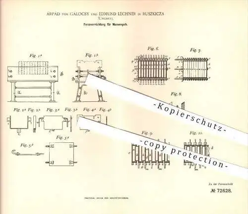 original Patent - Árpád von Gálocsy & Edmund Lechner in Ruszkicza , Ungarn , 1893 , Formen für Massenguss , Guss !!!