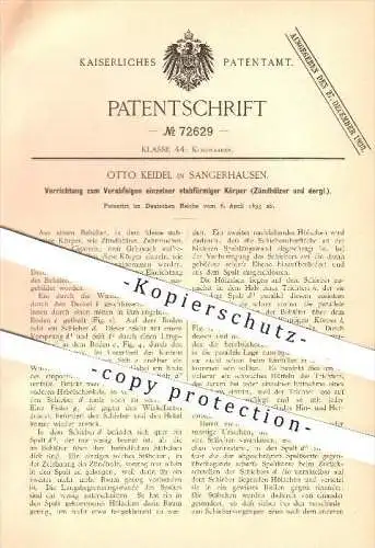 original Patent - Otto Keidel in Sangerhausen , 1893 , einzeln entnehmbare Zündhölzer , Streichhölzer , Kurzwaren !!!