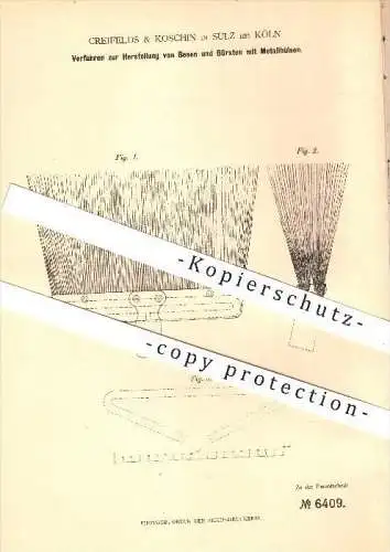 original Patent - Creifelds & Koschin in Sülz bei Köln , 1878 , Besen und Bürsten mit Metallhülsen !!!