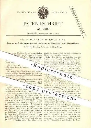 original Patent - Fr. W. Sonreck , Köln am Rhein , 1880 , Orgel , Harmonium , Leierkasten , Randebrock , Musikinstrument