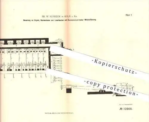 original Patent - Fr. W. Sonreck , Köln am Rhein , 1880 , Orgel , Harmonium , Leierkasten , Randebrock , Musikinstrument