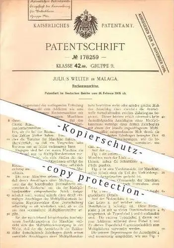 original Patent - Julius Welter in Malaga , 1905 , Rechenmaschine , Rechnen , Mathematik , Taschenrechner , Rechner !!!