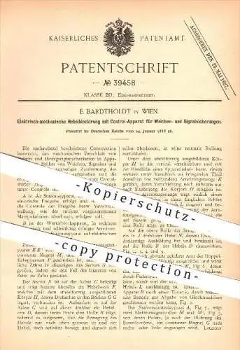 original Patent - E. Bardtholdt in Wien , 1886 , Hebelblockierung für Weichen , Eisenbahn , Lokomotive , Signal !!!