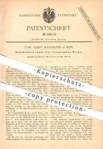 original Patent - Carl A. Mayrhofer in Wien , 1886 , Telegraphen - Relais , Telegraph , Strom , Elektromagnet , Magnet !