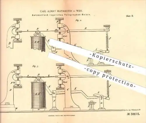 original Patent - Carl A. Mayrhofer in Wien , 1886 , Telegraphen - Relais , Telegraph , Strom , Elektromagnet , Magnet !