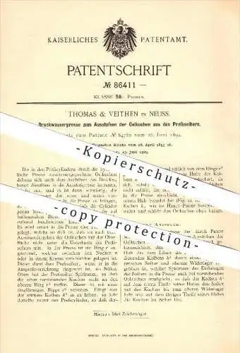 original Patent - Thomas & Veithen in Neuss , 1895 , Druckwasserpresse , Presse , Pressen , Seiher , Druckwasser !!!