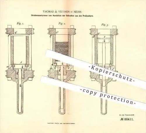 original Patent - Thomas & Veithen in Neuss , 1895 , Druckwasserpresse , Presse , Pressen , Seiher , Druckwasser !!!