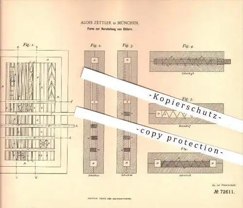 original Patent - Alois Zettler in München , 1892 , Form zur Herstellung von Gittern , Gitter , Gießerei , Formen !!!