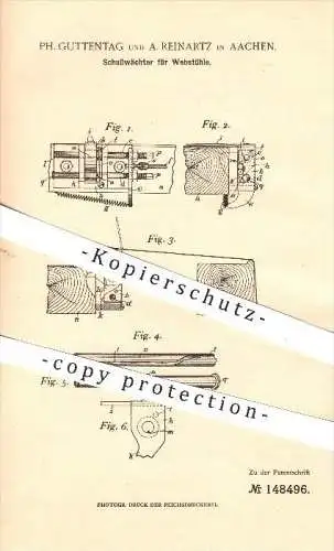 original Patent - Ph. Guttentag und A. Reinartz in Aachen , 1903 , Schußwächter für Webstühle , Weben , Weber !!!