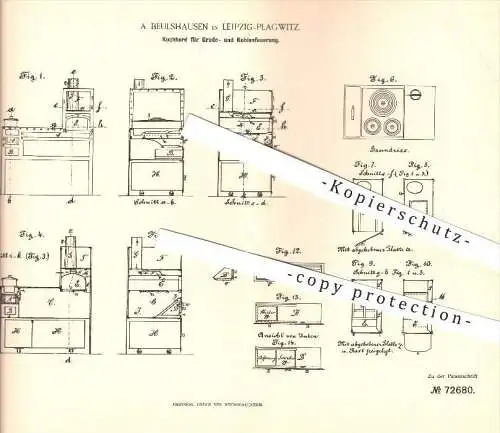 original Patent - A. Beulshausen in Leipzig-Plagwitz , 1893 , Kochherd für Grude- u. Kohlenfeuerung , Herd , Ofen !!!