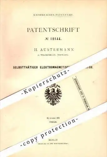 original Patent - H. Austermann in Wiedenbrück , 1880 , elektrischer Regulator für Uhren , Uhrmacher , Rheda !!!