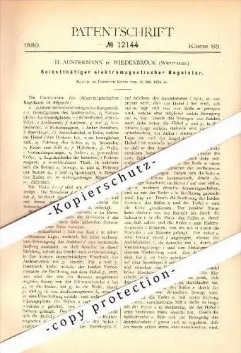 original Patent - H. Austermann in Wiedenbrück , 1880 , elektrischer Regulator für Uhren , Uhrmacher , Rheda !!!