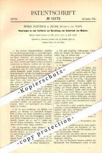 Original Patent - Moritz Weinrich in Pecek / Pecky ( Böhmen ) und Wien , 1878 , Darstellung von Zuckerkalk !!!