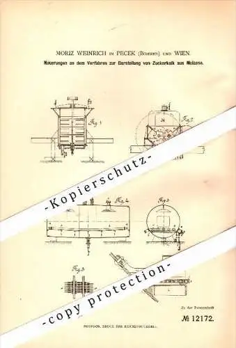 Original Patent - Moritz Weinrich in Pecek / Pecky ( Böhmen ) und Wien , 1878 , Darstellung von Zuckerkalk !!!