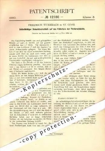 Original Patent - Friedrich Wurmbach in Sankt Goar , 1880 , Schachtverschluß für Bergbau , Zeche !!!